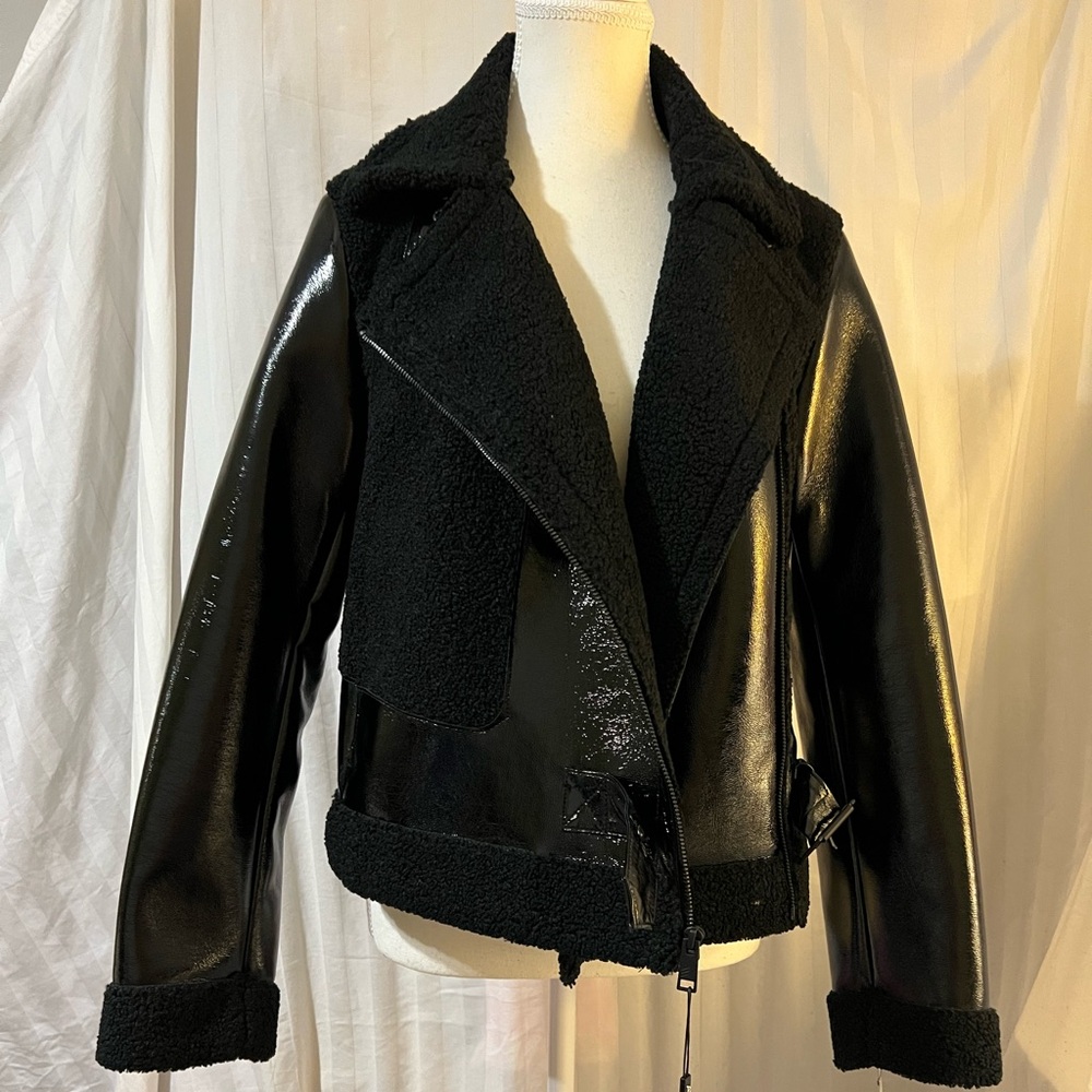 ANDREW MARC Classy Fall Winter Black Leather Patent Faux Sherling Jacket